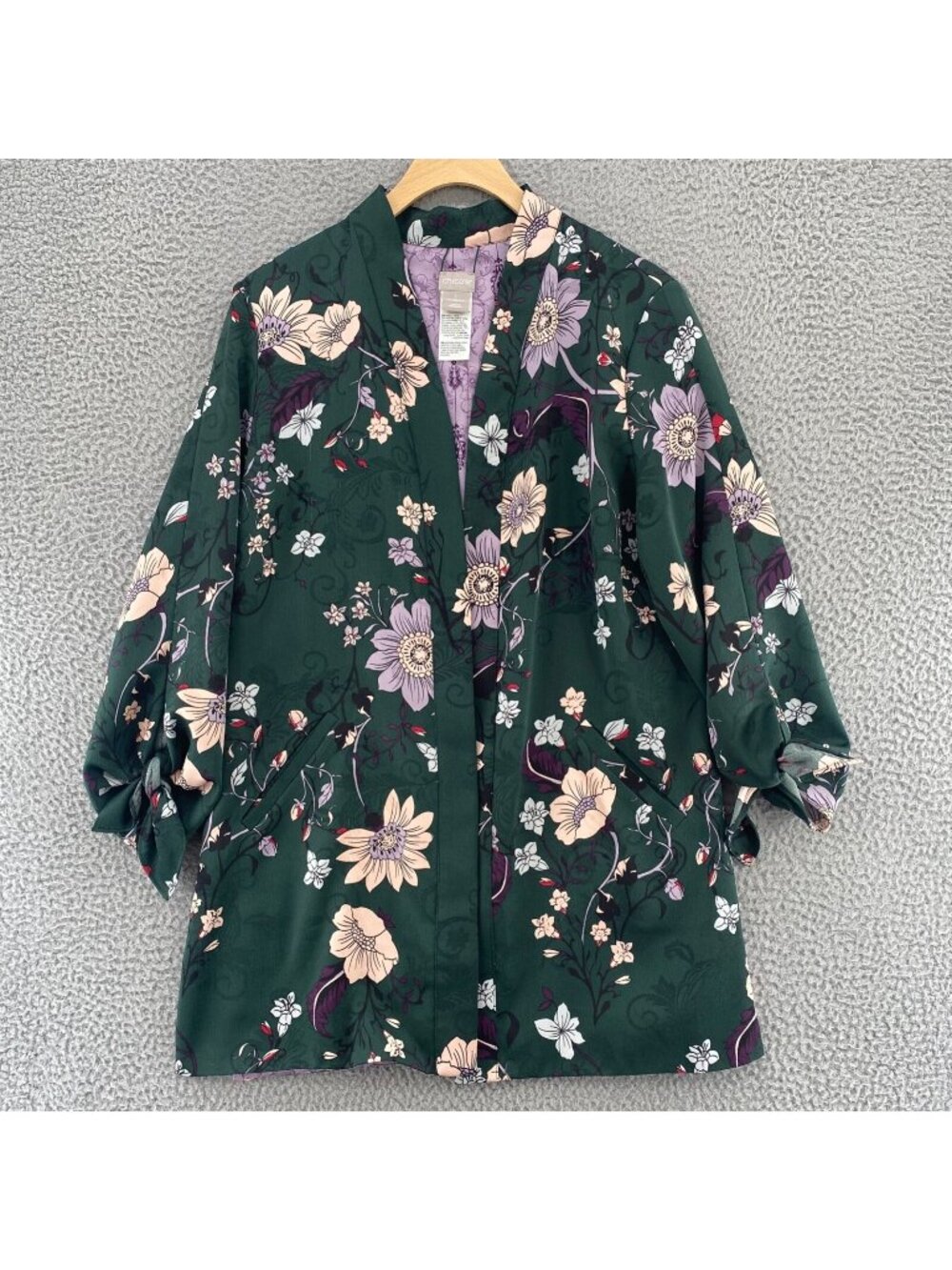 Chicos Kimono Womens 1 US Medium Green Floral 3/4 Tie Sleeve Open Front Pockets*